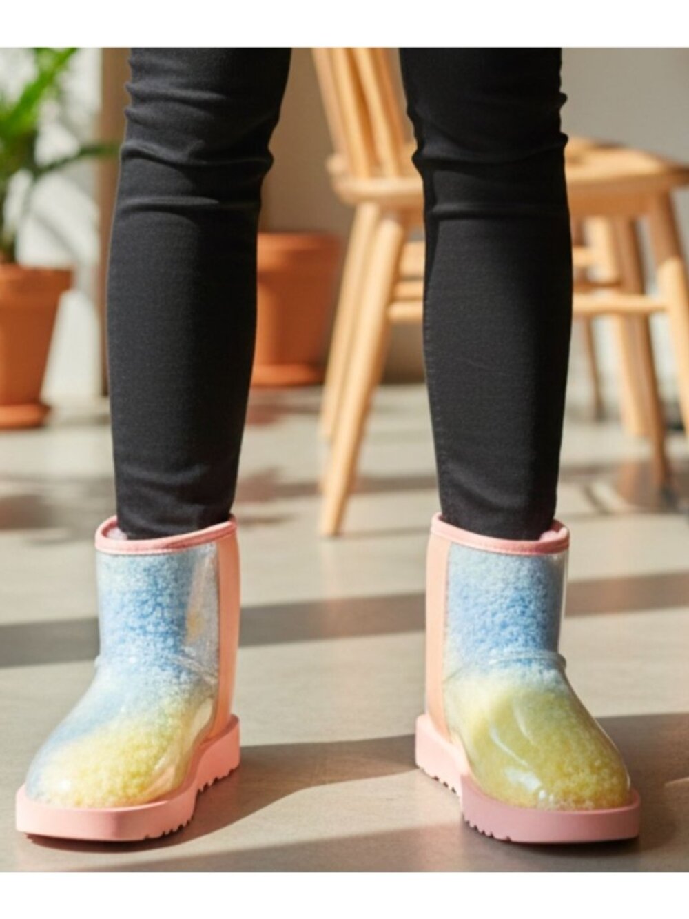 Colorful Gradient Shearling-Lined Waterproof Boots With Transparent Outer Shell